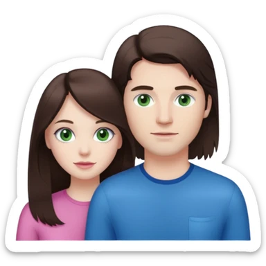 pink polaroid photo of a couple thats white with long brunette hair blue eyes and a white guy with short brunette hair and green eyes sticker