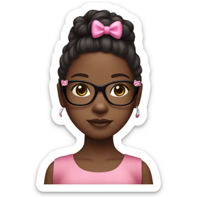 Black girl with long brown hair with a pink bow in her hair with black glasses with a hello kitty crop top on sticker