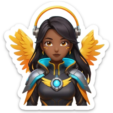 emojis.com an-asian-girl-with-dark-long-hair-and-dark-eyes,-wearing-futuristic-clothes-like-mercy-from-overwatch,-has-her-wings.-on-the-background-is-nebula-of-yellow,-orange,-red-and-turquoise-colours.-she's sticker