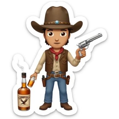 A rough and tumble cowboy with a 6 shooter and a bottle of whiskey. From the view of a bird looking down on the cowboy. Make the graphics dark and gritty in the style of your beeding skull art. sticker