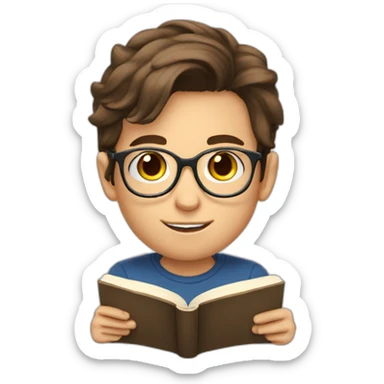 a 12-year-old boy with brown hair and gray eyes with glasses is reading a book sticker