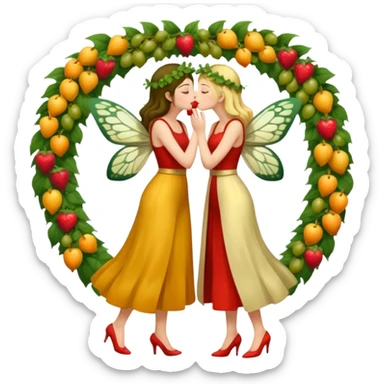 full body two women kissing, fruit vine outfits and moth swarm halo sticker