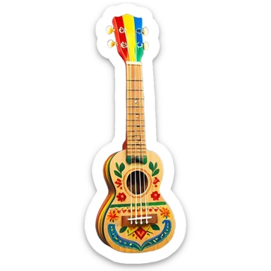 Create a vibrant and artistic emoji representing a ukulele with a Mexican design. The ukulele should feature a bright, colorful body with traditional Mexican patterns, such as geometric shapes, floral motifs, or colorful stripes. Use rich, warm tones like red, yellow, green, and blue to give the instrument a lively, festive look. Highlight the wood grain of the ukulele’s neck and fingerboard, and add subtle details like decorative inlays or a small Mexican flag symbol on the body. The strings should be clearly visible, and the instrument should be in a slightly angled position to showcase its unique design. The background should be transparent. sticker