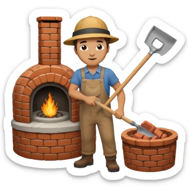 man loading shovel into round brick oven three quarters view  sticker