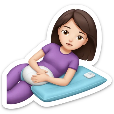  a brunette girl lying down on her side, holding a warm heating pad against her lower belly. She's uncomfortable and sad, her posture should show she’s having menstrual cramps. Use simple lines, rounded shapes, soft colors, and a clean emoji aesthetic. Make it expressive but still adorable sticker
