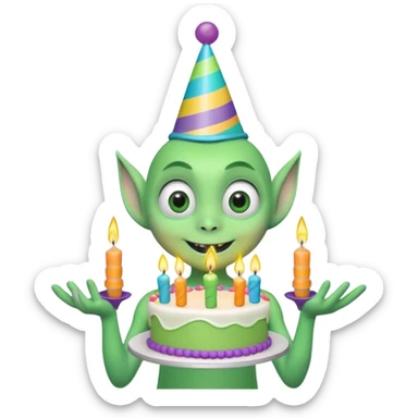 A cute friendly alien holding a birthday cake with candles, big expressive eyes, bright colors, cartoon style, playful atmosphere, 3D animated look, Pixar-inspired, highly detailed
 sticker