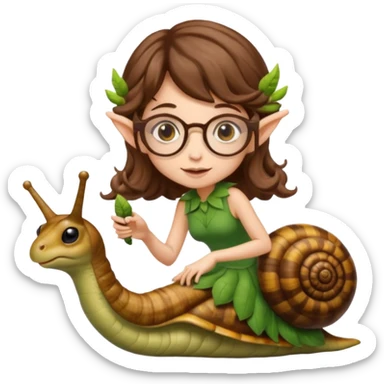 tiny forest elf woman brown wavy hair glasses riding a snail sticker