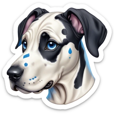 Cinematic Cute Harlequin Great Dane Portrait Emoji, Head tilted playfully and inquisitively, featuring a glossy coat of predominantly white with dynamic black patches, round, sparkling blue eyes filled with gentle curiosity, Simplified yet irresistibly adorable features, highly detailed, glowing with a warm, friendly glow, high shine, affectionate and gentle, stylized with a touch of whimsy, bright and endearing, soft glowing outline, capturing the essence of a mischievous yet loving pup, so playful it feels like it could lumber out of the screen and into your arms! sticker