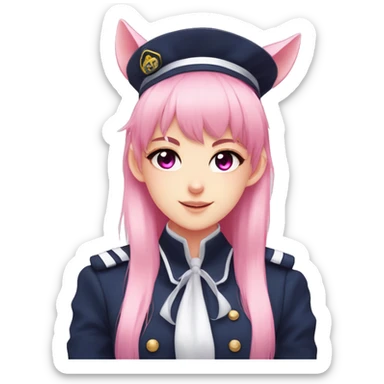 Anime girl, pink eyes, navy uniform, pink pony tail with bangs to the side, pink ghost cat on top of her hat, black choker, elf ears with pier sticker