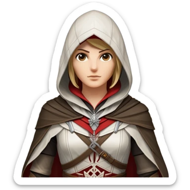 icon featuring Assasin's Creed in an iconic assassin's hood, standing tall. Florence is on background. The design captures the essence of adventure, with intricate details of historical architecture and a sense of mystery. The character is poised, ready for action. transparent background. sticker