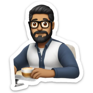 Designer with black hair, beard and glasses working with MacBook and drinking cappuccino ketchup sticker