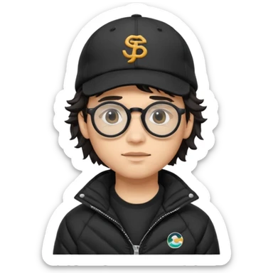 Young man wearing a black puffer jacket, black baseball cap with a small logo, round black glasses, wavy hair peeking out from under the  sticker