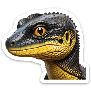 cinematic-realistic-cute-monitor-lizard-portrait-emoji,-head-tilted-playfully-and-inquisitively,-featuring-a-compact,-agile-body-with-finely-detailed,-glossy-scales-in-earthy-black and yellow-hues-and-a-distinct,-alert-face-with-bright,-curious-eyes, black , yellow spotted and green band  scales and a big long neck sticker