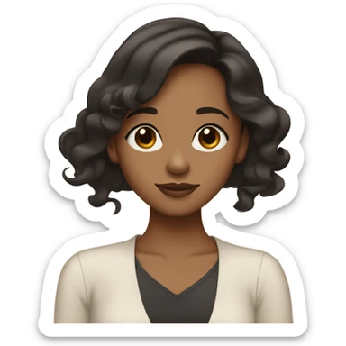 Brown girl with black wavy straight hair, button nose, medium big black eyes, tan skin tone and medium heart lips sticker