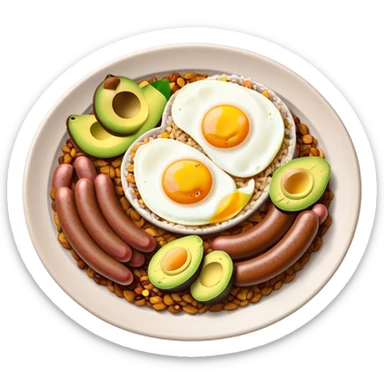 Bandeja Paisa Cinematic Realistic Bandeja Paisa Dish Emoji, depicted as a hearty platter featuring rice, beans, avocado slices, one sausage, a perfectly cooked egg, and crispy pork crackle, rendered with vivid textures and robust, inviting lighting. sticker