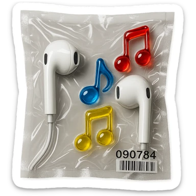 pair of white EarPods with three floating transparent glass music notes in primary colors, glossy and inflated, vacuum-sealed style sticker