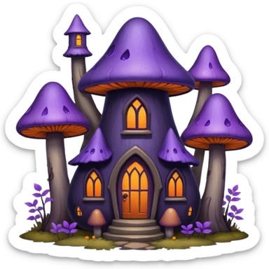 A whimsical mysterious gothic style, purples, dark hues, warm orange, beautiful mushroom house within tall skinny lush & bare trees sticker