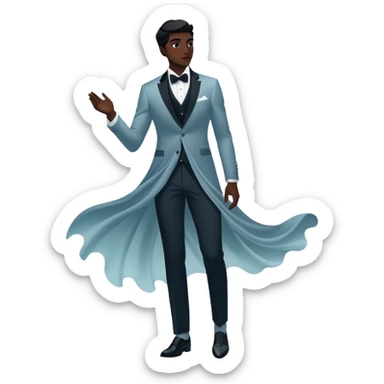 Ethereal male fashion silhouette with formal wear and subtle energy waves, floating style essence, masculine inspiration sticker