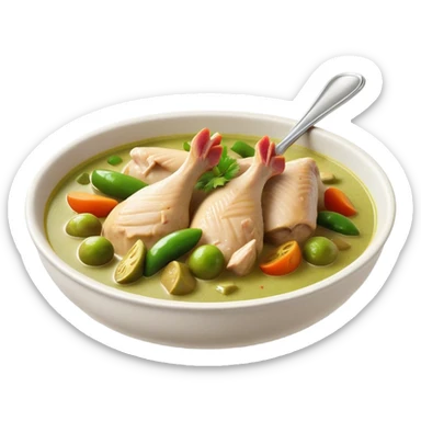 Cinematic Realistic Green Chicken Curry Dish Emoji, depicted with tender chicken simmered in a fragrant green curry sauce with vegetables rendered with rich textures and dynamic, vibrant lighting. sticker