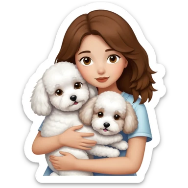 A beautiful olive skinned girl with brown hair, hugging 3 white bichon frise's sticker