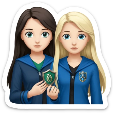 a pretty ravenclaw girl with long dark brown hair and blue eyes standing with a hot Slytherin girl with long blonde hair, blue eyes and big boobs  sticker