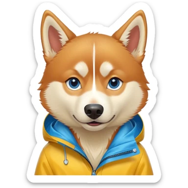 cute, disney-style red siberian husky with blue eyes, wearing a yellow rain jacket sticker
