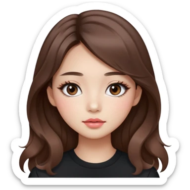 “korean straight brown hair Emoji girl, soft eyeliner and blush, gradient lips, light brown shimmer eyeshadow, long wavy hair,  sticker