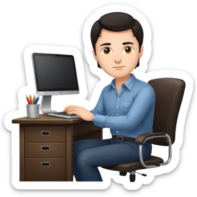 Rich man working setting on a chair in shirt, dark hair, and near the desk with laptop he is german very beautiful looks like sticker