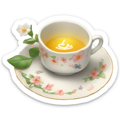 a serene teacup on a small plate with a print of small fuel flowers sticker