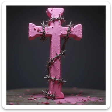 realistic gothic cross, pink with barbed wire, photorealistic style, no background sticker