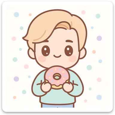 kawaii style illustration of Justin Bieber holding a donut sticker
