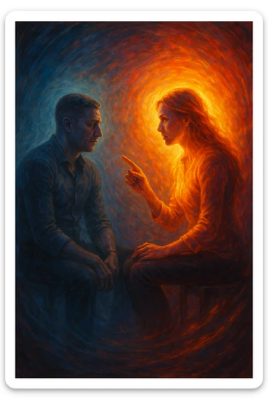 Man receiving advice from a woman, symbolically losing masculine energy, his aura fading while hers shines. Conceptual composition, two seated figures, emotional tension, abstract background." sticker