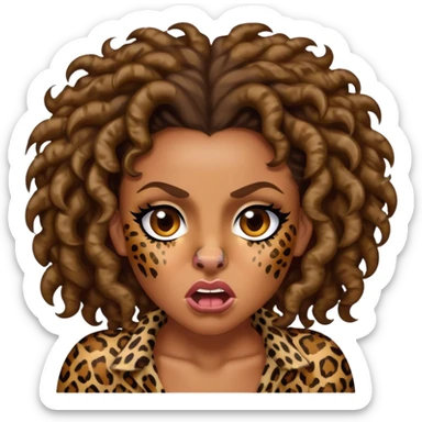 Melanie Brown with brown curls wearing leopard print and snarling with a scrunched nose sticker