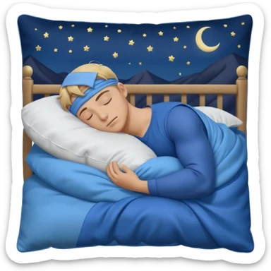 A young muscular male with short dark-blonde hair and medium-light skin, wearing blue cloth. He sleeps on his side, holding a soft white pillow, his head on a smooth blue pillow. A sleeping symbol floats above him in the dark, nighttime scene. A flowing blue blanket with silky folds covers him. sticker