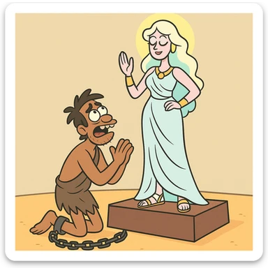 a slave worshipping a goddess, cartoon style, playful, colorful, simple shapes sticker