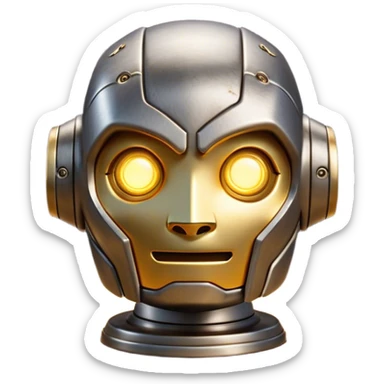 Cinematic Cute Mighty Iron Golem Portrait Emoji Head tilted playfully and inquisitively, featuring a sleek yet sturdy metal form with smooth, polished steel plating and glowing golden engravings, accented by faintly humming energy veins that pulse with life; rendered with lifelike clarity and soft, natural reflections, high shine, charming yet robust, styled with a touch of whimsical fantasy, soft glowing outline, capturing the essence of a watchful yet endearing golem, as if it might shift its massive head with a slow, thoughtful nod at any moment! sticker