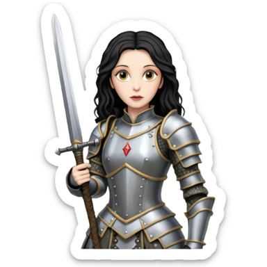 realistic cinematic actress Cher in Victorian styling like Joan of Arc dirty damaged armor in a forest sticker