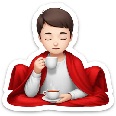 A European boy is sitting comfortably under a blanket, wrapped in a red blanket, drinking tea with his eyes closed. sticker