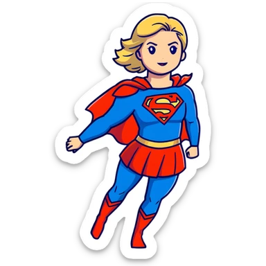 Supergirl in classic costume, full body view showing blue tights, red skirt, and cape with S symbol sticker
