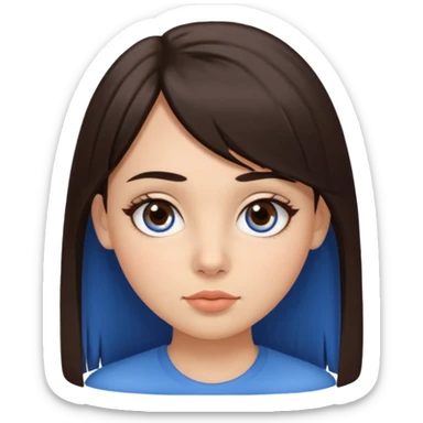 Chica de rostro ovalado, ojos grandes y almendrados café oscuro, cejas gruesas, nariz recta y labios llenos. Cabello lacio, marrón oscuro y largo, con fleco lateral y un mechón celeste al frente. Piel de tono medio con mejillas sonrojadas. sticker