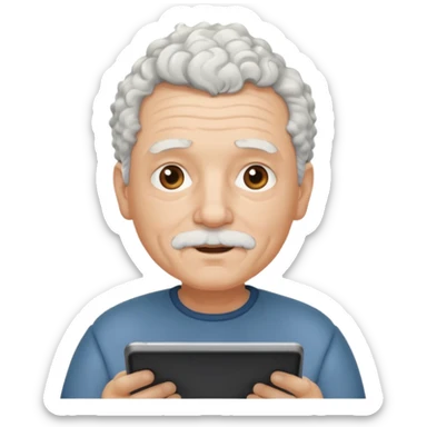 a old man with short curly white hair with tablet sticker