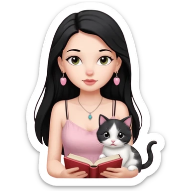 Menina branca ,cabelos cor preta longos, olhos cor preta puxados para cima. Cílios longos, lábios grossos ,nariz pequeno ,vestido rosa claro de alça. Colar e brinco bem pequeno. Lendo um livro com gatinho preto e branco. sticker