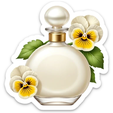pearl white vintage-style perfume bottle and ivory-colored pansies  sticker