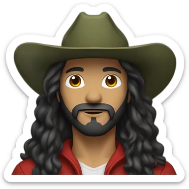 White cowboy with black  long  hair and beard wearing a black cowboy hat and a red and olive green hoodie  sticker
