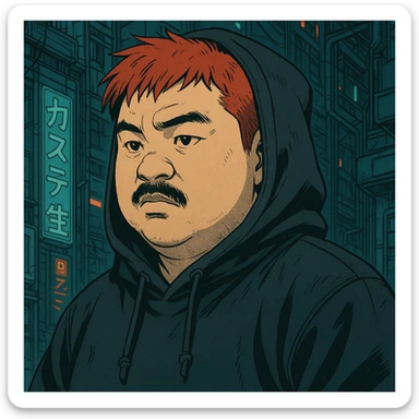 Asian man with a round face, black mustache, red hair, black hoodie, Japanese manga style inspired by Ghost in the Shell, more anime-like features, cyberpunk atmosphere, detailed linework, subtle color accents sticker
