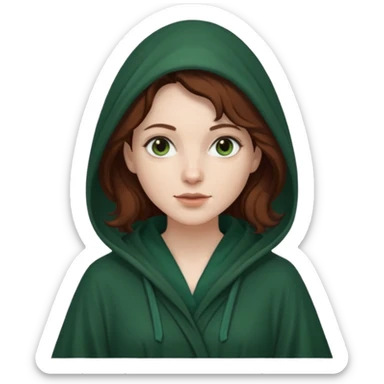 A white woman with dark auburn hair robed and hooded like she's a Traitor in the tv show The Traitors. her hair is slightly curly and the robe is a dark green sticker
