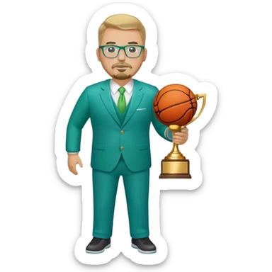 Full Body white plus size man  wearing glasses with a goatee with dirty blond short hair basketball head Coach in blue and green suit holding trophy sticker