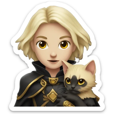 A pale sun warlock who is holding a black kitten sticker