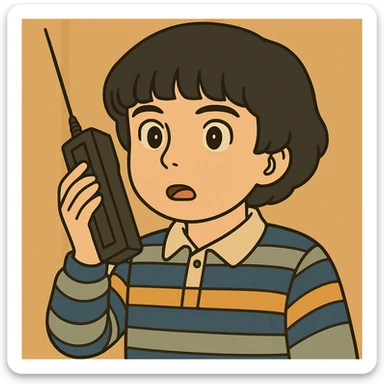 Variação do Mike Wheeler com cabelo de tigela bem marcado, traço simples e delicado, colorido em tons pastel, contornos bem grossos e escuros, estilo Ghibli, formato 1:1 sticker