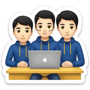 technologist using laptop coding with 2 other technologist three of it is man skin color yellow that using 3 laptop the hair is black and the cloth is dark blue sticker